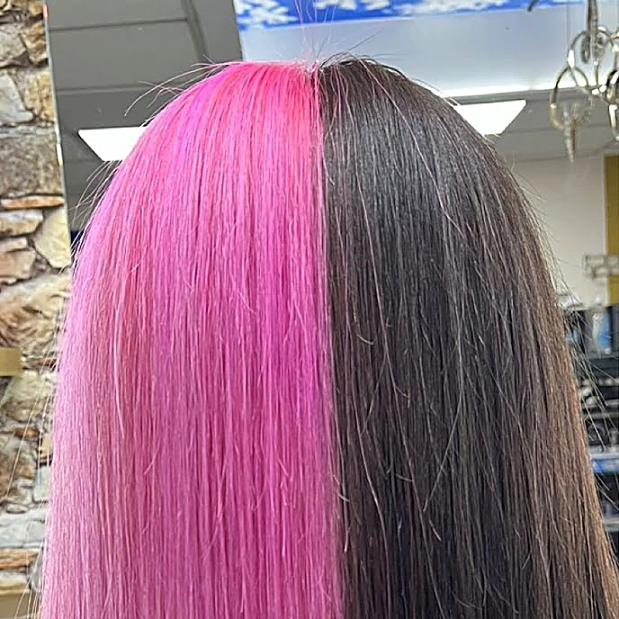 Corte recto con una mitad rosa chicle y la otra castaño oscuro, visto de espaldas