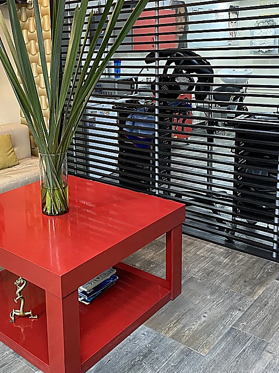 Sala de espera de Bruno Salón: mesa roja laqueada con un florero de hojas largas y, detrás, la persiana de listones que separa el área de trabajo